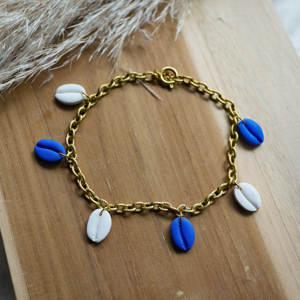racelet de cheville avec pampilles coquillage en pâte polymère – Collection Santorin.