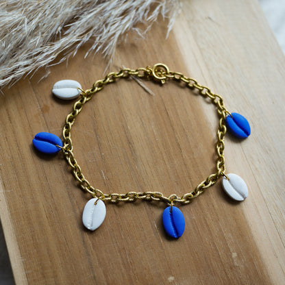 racelet de cheville avec pampilles coquillage en pâte polymère – Collection Santorin.