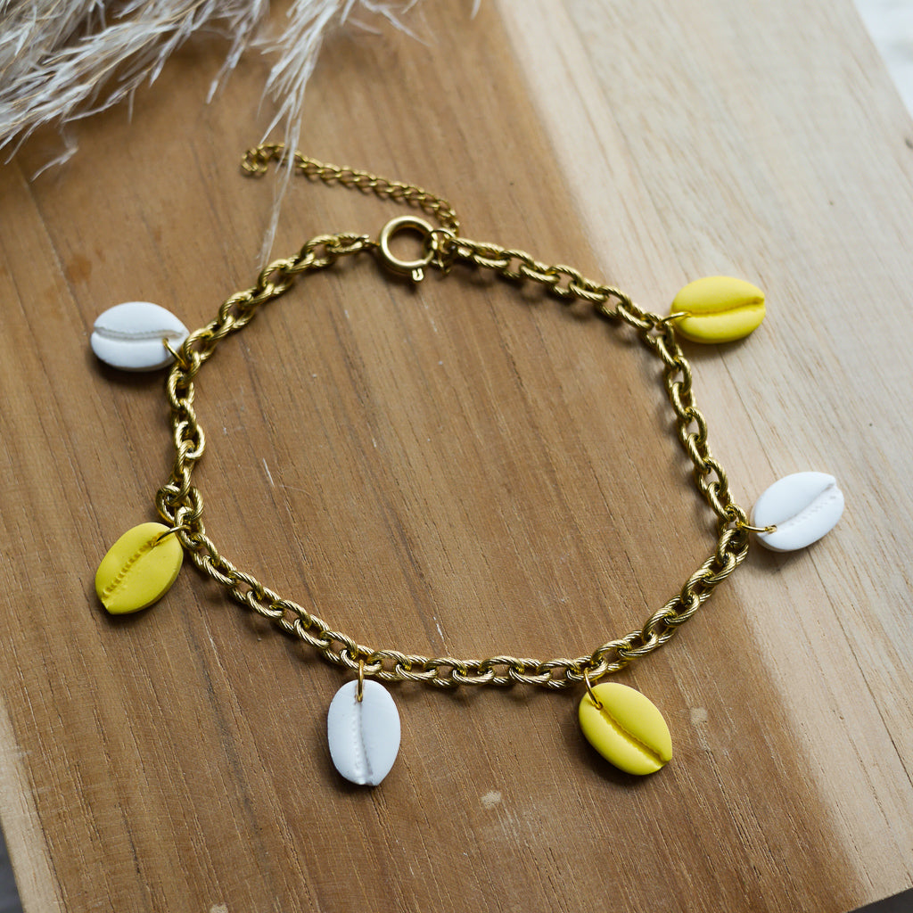 racelet de cheville avec pampilles coquillage en pâte polymère – Collection Santorin.