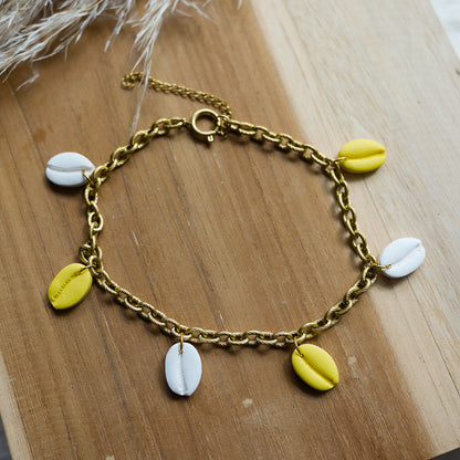 racelet de cheville avec pampilles coquillage en pâte polymère – Collection Santorin.