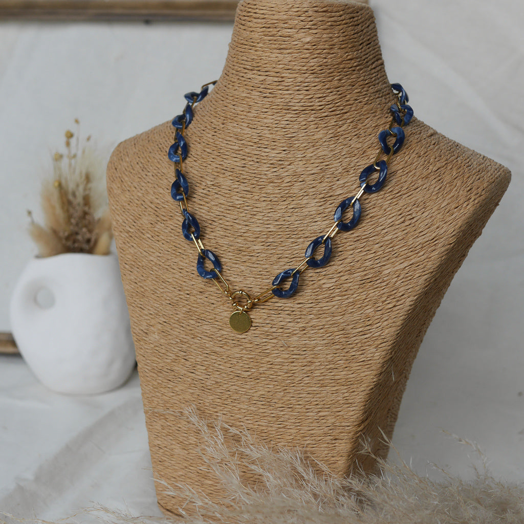 Collier maillons effet écaille de tortue bleu avec breloque personnalisable