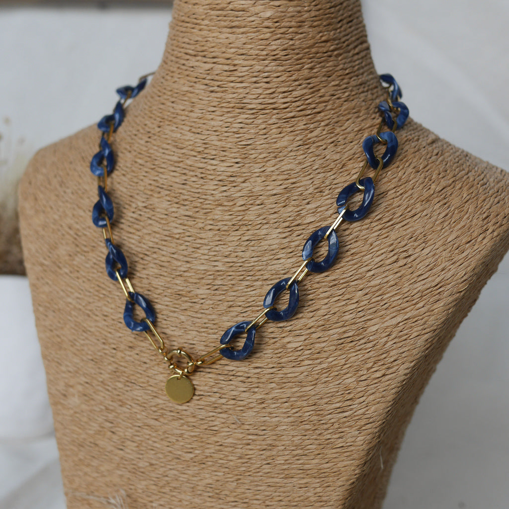 Collier maillons effet écaille de tortue bleu avec breloque personnalisable