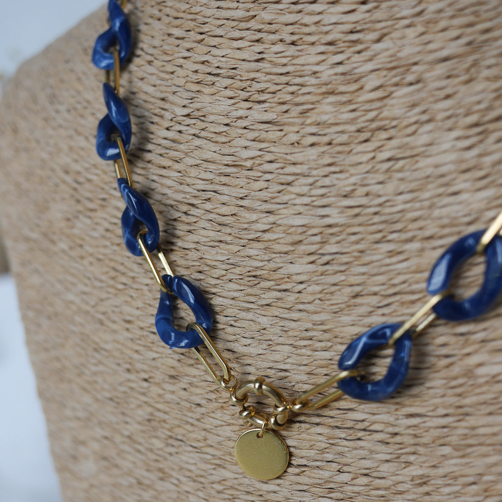 Collier maillons effet écaille de tortue bleu avec breloque personnalisable