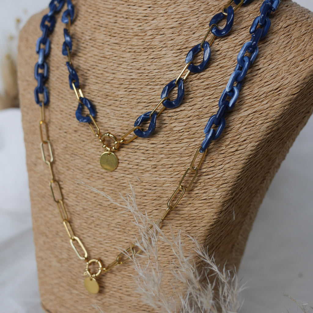 Collier maillons effet écaille de tortue bleu avec breloque personnalisable