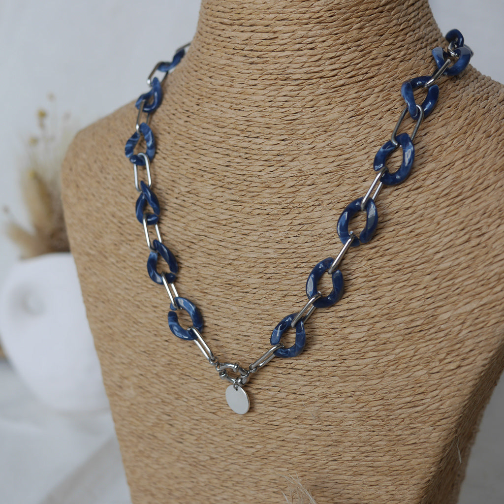 Collier maillons effet écaille de tortue bleu avec breloque personnalisable