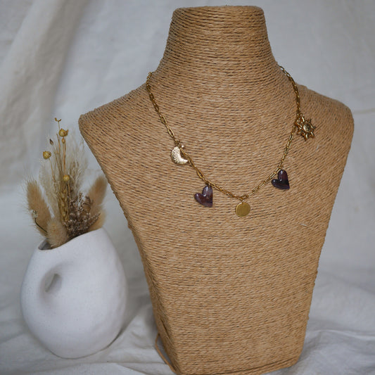 collier à charms, collier charms personnalisable, bijou soleil et lune, collier fait main, collier tendance femme, bijou écaille de tortue, collier personnalisé